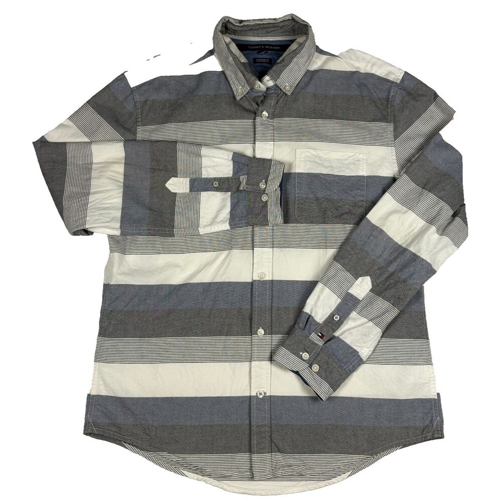 Tommy Hilfiger Custom Fit Shirt Men Large Gray White Stripe Button Down Cotton